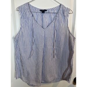 Lands' End Women Sleeveless Seersucker Striped V-Neck Tie Top Blue White Size 14